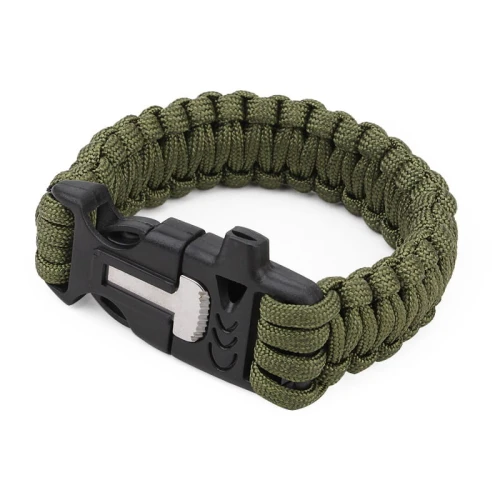 Bransoletka survivalowa linka paracord zielona olive z gwizdkiem i krzesiwem
