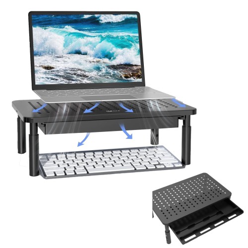 Podstawka pod monitor lub laptopa czarny stolik półka z szufladą i regulacją wysokości